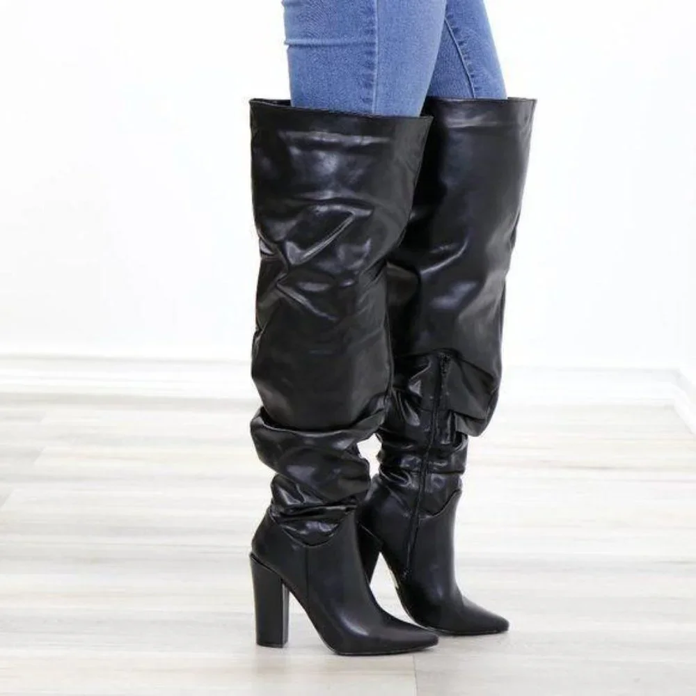 Black Synthetic Leather Thigh High Trendy Boots - Picture 6 of 15